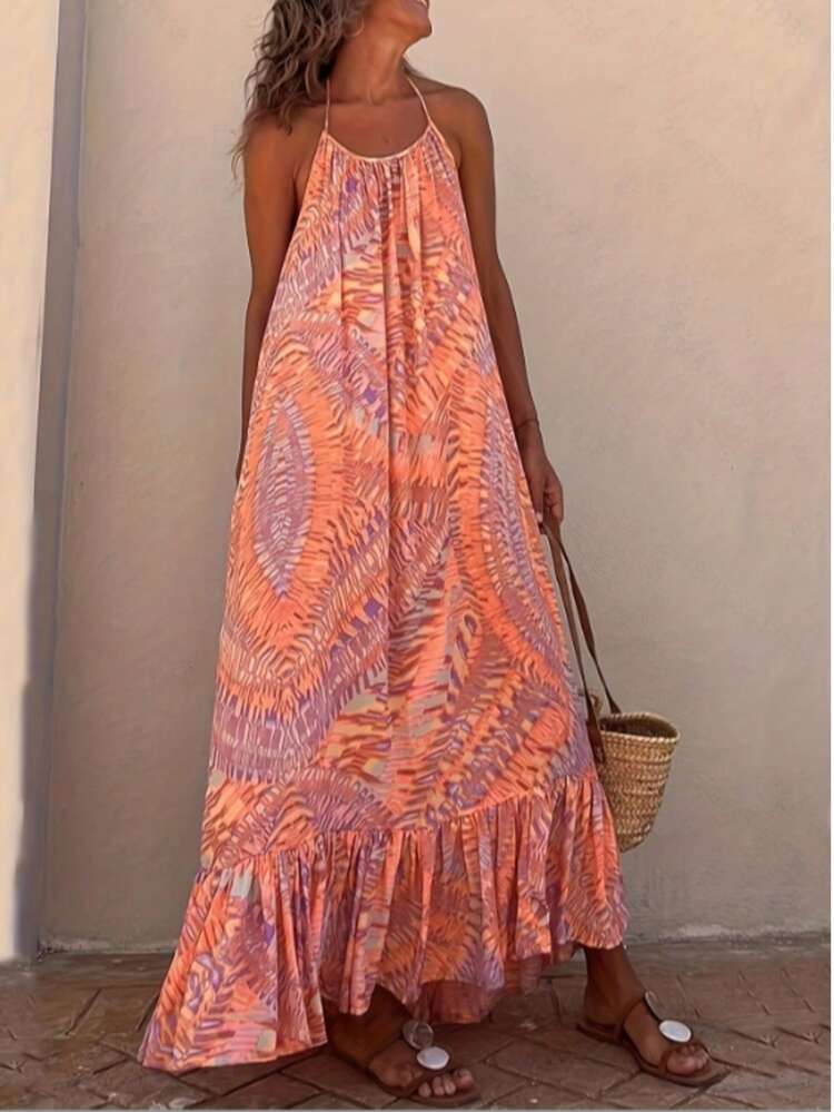 Women's Halter Neck Tie - Dye Maxi Dress, Sleeveless, Ruffled Hem, Loose Fit, Bohemian Style, Perfect For Beach & Vacation, Lightweight & Flowy - 橘色 - 查看 3