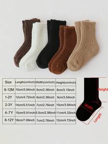 5 Pairs Baby & Kids Solid Color Thermal Lined Socks, Thick Warm Mid-Calf Socks, Multi-Color, Suitable For Autumn/Winter - Multicolor - View 2