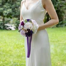 Dusty Blue Wedding Bouquets For Bride Bridesmaid, White Wedding Artificial Roses Flowers For Wedding Bouquets Ceremony, Anniversary - 紫色和奶油色 - 查看 4