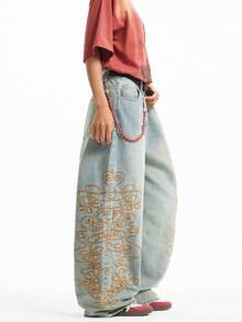 1pc Justice Brother Casual Loose Fit Distressed Embroidered Wide Leg Jeans For Men (Belt And Accessories Not Included) - Blue - View 2