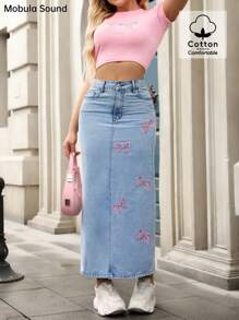 Mobula Sound Mid-East Spring & Summer Y2K Sexy Music Festival Student/Collegiate Versatile Casual Vacation Fashion Cute Bow Embroidery Figure-Flattering Denim Maxi Skirt - Blue - View 1