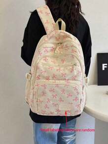 Set de 3 mochilas plegables resistentes al agua con estampado de lazo en nailon beige, con múltiples bolsillos, adecuadas para adolescentes, estudiantes de secundaria/universidad, mujeres para uso diario, escuela, entrenamiento, viajes, regalos de San Valentín (las letras de etiqueta pequeñas son aleatorias)