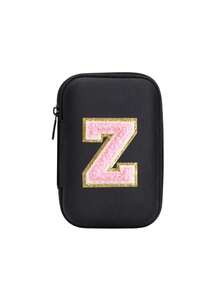 便携式 CCD 相机保护套，粉色字母 A-Z 毛巾刺绣，紧凑设计，防水材质，非常适合户外摄影爱好者和旅行者充电器盒，办公室必备数码包电缆相机包电子数据线整理器存储，钱包式移动电源盖旅行相机包，女士男士礼物，教师必备用品，防水轻便大容量便携式配件，适合暑假旅行，户外活动旅行必需品