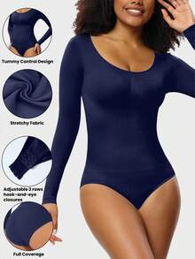 1 st svart sömlös rund halsringning med långa ärmar, heltäckande och bekväm kroppsdel för kvinnor - Blå - Visa 3