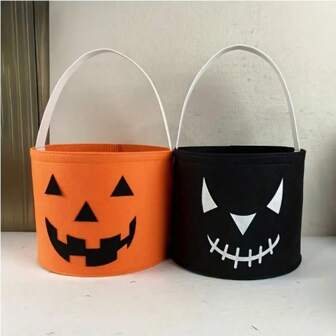 1pc Halloween Candy Bucket, Pumpkin & Skull Design Pattern - Durable Non-Woven "Trick Or Treat" Basket, Suitable For Halloween Party, Indoor/Outdoor Decor (Orange & Black), Halloween Accessory, Portable Design, Halloween Gift Bag. Home Decor Halloween Decor Room Decor Christmas Decorations Home Christmas Gifts Christmas Decor