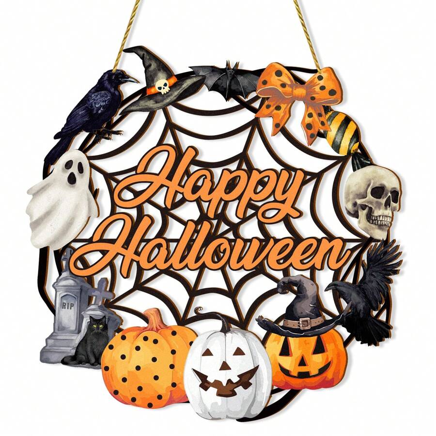 万圣节装饰木制鬼门花环用于前门标志墙标志，南瓜蝙蝠黑猫万圣节快乐标志悬挂用于家庭墙壁装饰万圣节派对户外室内用品