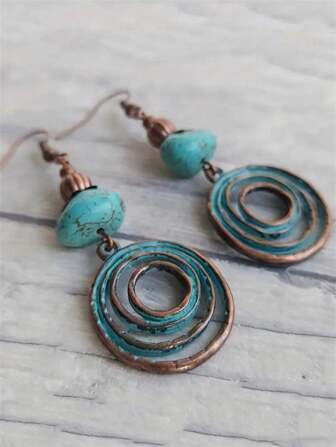 1 par vintage bohemiska cirkulära virvelformade ihåliga örhängen i konstturkos, smycken, gåva, lämpliga för kvinnor, vardags- och högtidskläder