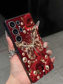1pc Beautiful Red Rose & Butterfly Pearl Shockproof Anti-Slip Black Phone Case Compatible With Galaxy A04e/A05s/A13/A14/A15/A34/A35/A50/A52/A53/A54/S21/S22/S23/S24/S25/S25Ultra, 2D Image Design