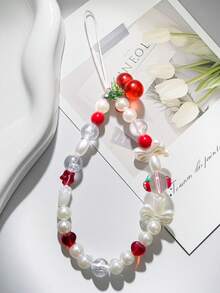 1pc Fashion Minimalist Cherry Blossom Bow Faux Pearl Phone/Camera Lanyard, Suitable As Gift For Mother, Family, Friends, Birthday, Festival, Phone Charm, Phone Strap - Red - View 6