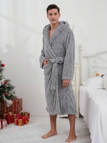 男士一件式柔软舒适提花抓绒长款连帽蓬松浴袍，带口袋，情侣款，加厚双层设计，适合秋冬季节穿着，温暖舒适