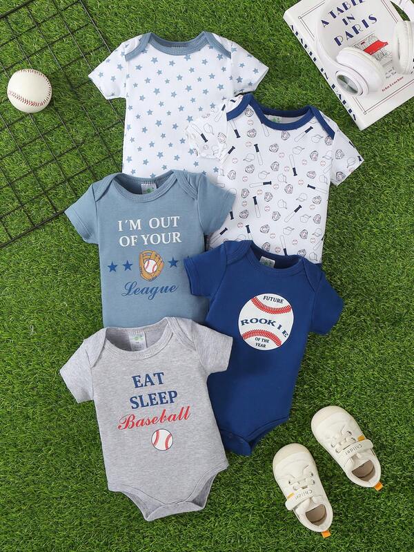 5pcs/Set Spring/Summer Newborn Baby Boy Clothes, Triangle Bodysuit, Printed Baby Boy