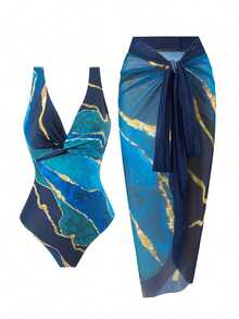 Women's One-Piece Swimsuit With Cover-Up Set Beach Wrap Dress Multi-Color Gradient Print Women's Swimsuit (Tummy Tuck) - 寶藍色 - 查看 1