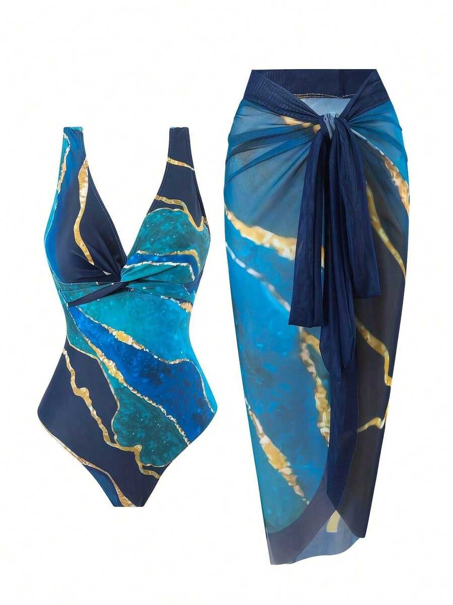 Women's One-Piece Swimsuit With Cover-Up Set Beach Wrap Dress Multi-Color Gradient Print Women's Swimsuit (Tummy Tuck) - 寶藍色 - 查看 1