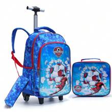 BLING BABIES 3pcs/Set Rolling Backpack, Sky Blue Football Pattern, Student School Bag With Lunch Box And Pencil Case, Suitable For Daily Commute, Reflective At Night - Royal Blue - View 11