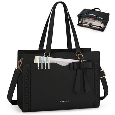 NEWHEY Professional Laptop Tote Bag For Women 15.6 Inch - Leather Work Bag With Detachable Strap & Bow Design | Office Briefcase With Cup Holder & Organizer | Large Business Handbag For Women