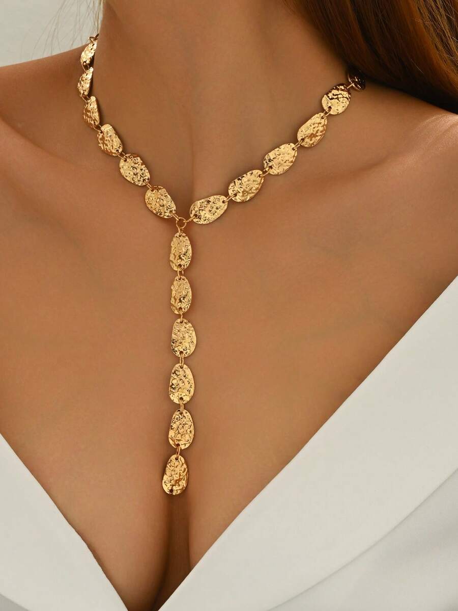 1 pieza Collar largo con borlas en forma de lágrima de agua asimétrico de estilo vintage y exagerado, collar de cadena de suéter geométrico de aleación de lujo francés barroco elegante, adecuado para mujeres para uso diario, banquetes, fiestas - Dorado - Ver 1