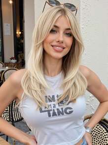 浅金色中长直发合成假发，带刘海，金色分层假发，适合女士日常派对音乐节使用