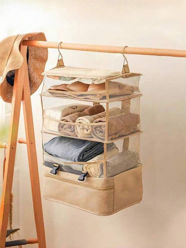 1 pièce Organisateur de bagage pliable à suspendre, essentiels de voyage, cubes de rangement pour vêtements avec étagères suspendues et compartiment de rangement pour le linge. Organisateur de voyage, sac de bagage de voyage avec cubes de rangement suspendus et compartiment de rangement pour le linge (couleur du crochet noir et argent aléatoire). Indispensables pour la chambre, organisateur de vêtements, organisation et rangement du placard, chambre à coucher