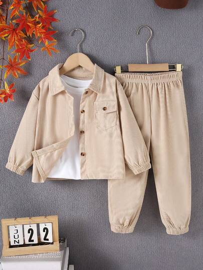 2pcs/Set Young Boy Pocket Detail Shirt Jacket And Pants Set, Suitable For Boys Aged 4-7 To Wear In Autumn, Spring And Winter, Especially Suitable For Outings, School And Sports Occasions. Fashionable And Versatile. Suitable For Various Activities. Outdoor Play, School And Sports.