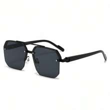 2025 Gafas de sol cuadradas de doble puente de estilo caliente transfronterizo, personalidad europea y americana, gafas de piloto de media montura simples para hombres y mujeres - Película gris azulada con marco plateado - Ver 17