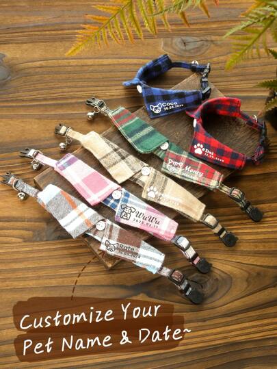 Customize Name Birthday Plaid Pet Shirt Collar Personalized Small Cat & Small Dog Thanksgiving Plaid ShirtCollar Breakaway With Bell Suitable For Small Animals Custom Christmas Plaid Cat & Dog Collar Custom Pet Pattern & Anniversary Removable Shirt-Collars The Best Gift For Your Pet Dog Mom Gift