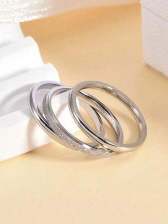 3 件套时尚哑光三生三世叠戴戒指，钛钢简约 2 毫米内外球环，适合手指、情侣戒指，适合节日和日常佩戴