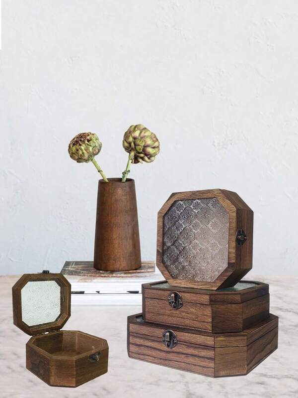 1 Stück handgefertigter Retro-Holzschrank mit Glastür-Panel für Kosmetik und Aufbewahrungsbox für Kleinigkeiten, Vintage-Holzaufbewahrungsbox als Schmuckorganizer, Desktop-Aufbewahrungsbox für Make-up-Geschenke für Frauen