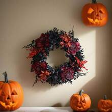 1个逼真的万圣节花环，黑色树枝搭配深红色花朵，风格神秘。适合万圣节装饰，可悬挂于前门、客厅墙壁，或用作摄影道具，营造幽灵般的氛围。免维护，持久耐用，造型独特精致，为空间注入独特的节日氛围。 - 黑色 - 查看 7