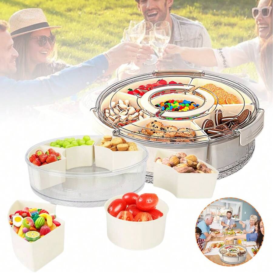 Divided Serving Tray With Lid, Rotating Snack Box With 6 Compartments, Removable Large Snack Box With Handle, Multifunctional Fruit Tray For Home, Party, Picnic