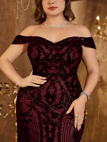UNITHORSE Plus Size Women Off Shoulder Backless Dress, Glitter Sequins Decoration, Elegant Evening Party Dress, Bride Dress, Birthday Outfits, Graduation Dress, Formal Dress, Fall Women Clothes - 酒紅色 - 查看 4