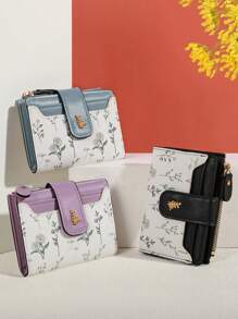 MADLEY 优雅花卉印花金属纽扣女士小钱包钱夹迷你钱包钱包秋季小钱包可爱钱包 - 黑色 - 查看 10