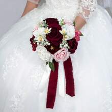 Dusty Blue Wedding Bouquets For Bride Bridesmaid, White Wedding Artificial Roses Flowers For Wedding Bouquets Ceremony, Anniversary - Burgundy & Blush - View 5