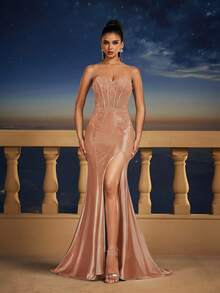 全新性感露肩高开叉美人鱼晚礼服伴娘礼服 - 粉色 - 查看 6