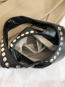 冬季新款时尚经典百搭纯色辣妹风pu包，防水面料大容量单肩包，机车风铆钉镶嵌设计单肩包，适合旅行、购物、节日、聚会和约会。 - 黑色 - 查看 8