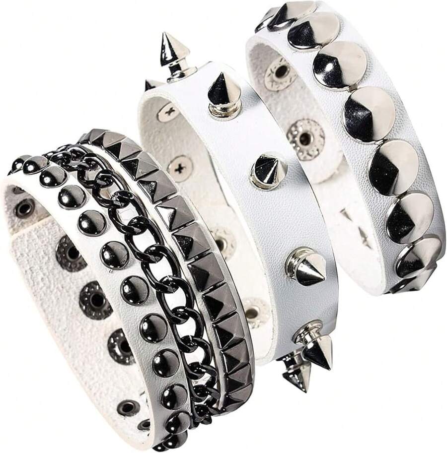 Eigso 3 Pcs Leather Punk Bracelets Men Women Of Rock Rivet Wrap Retro Spike Bracelet Adjustable - 白色 - 查看 1
