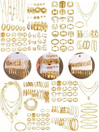 37-68pcs Elegant Vintage Butterfly, Heart, Faux Pearl, Twist Knot, Star, Moon, Rhinestone, Wide Band, Snake Chain, Braid Chain, Geometric C-Shape Earrings, Necklaces, Rings, Bracelets Jewelry Set, Suitable For Holidays, Parties, Daily Wear, Holiday Gifts