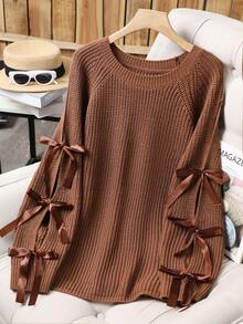 大码休闲圆领蝴蝶结撞色针织套头衫 - 棕色 - 查看 1
