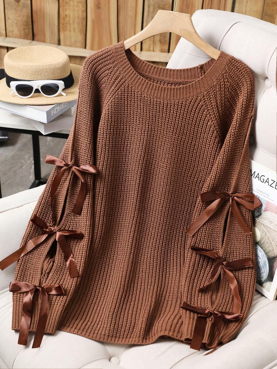 大码休闲圆领蝴蝶结撞色针织套头衫 - 棕色 - 查看 1