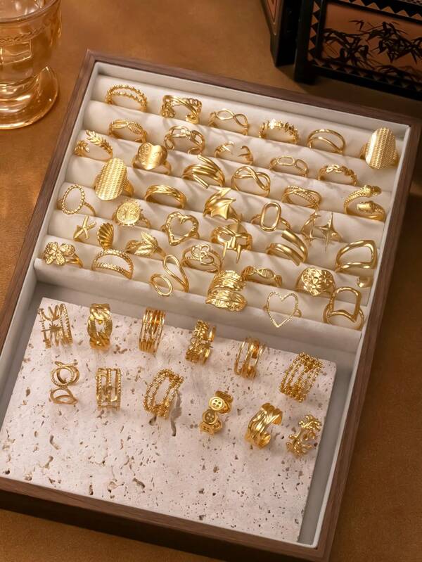 Conjunto de anéis de aço inoxidável com padrão misto, estilo aleatório, 6/12/24 peças, joias de ouro 18k, anel de abertura ajustável (misturado, enviado na foto), adequado para decoração diária, festivais, jantares, presentes