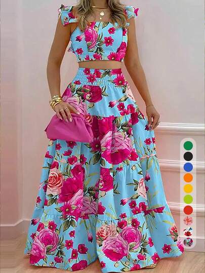 ZIAI New Summer Mid-Waist Sexy Spaghetti Strap Flared Skirt Fashion Print 2 Pieces Set For Women Elegant