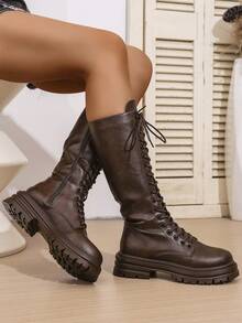 新款女士棕色休闲户外纯色简约西部风格仿PU皮鞋面舒适内里系带侧拉链复古防滑厚底中筒靴，春秋季，派对 - 棕色 - 查看 3