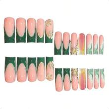 Rectangular Press-On Nails, Green Press-On Nails French Tip False Nails, Gold 3D Butterfly Pattern, Rectangular Press-On Nails, Shiny Artificial Nails, Cute Women's Nail Stickers - 0345 - Kiểu dáng dài-C5C29 - Xem 3