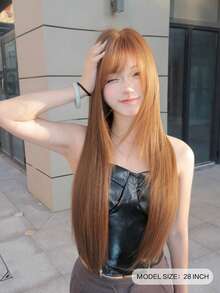 SHUDUO 1 件亚麻棕色合成耐热直发假发，由适合日常佩戴的纤维制成，自然逼真的假发（不含配件）