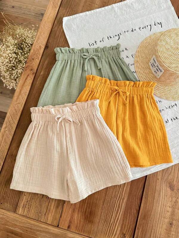 3 pièces/Set Shorts d'été à taille élastique de couleur unie pour adolescentes, en tissu de double gaze 100% coton, confortable et respirant, avec un nœud décoratif à la taille