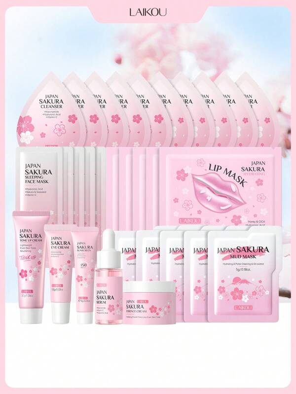 LAIKOU 1 Set del Cuidado de la Piel de Laikou Japón Sakura, (Máscara facial de dormir de Sakura 3g*5 y Máscara de barro de Sakura de Japón 5g*5 y Limpiador de Sakura de Japón 2g*5 y Tónico de Sakura de Japón 2ml*5 y Sérum de Sakura de Japón 17ml y Máscara hidratante de labios de Sakura de Japón 6g*5 y Crema iluminadora de Sakura de Japón 30g y Crema esencia de Sakura de Japón 25g y Crema para los ojos de Sakura de Japón 15g y Protector solar de Sakura de Japón 8g) Cajas de regalo de cuidado de la piel hidratante para mujeres, madres, esposas, hermanas, adolescentes, novias, autocuidado