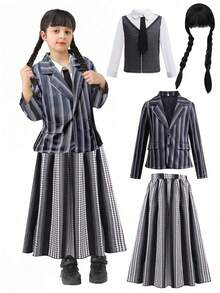 万圣节短裙 3 件套，含假发、角色扮演服装套装 - 黑色 - 查看 1