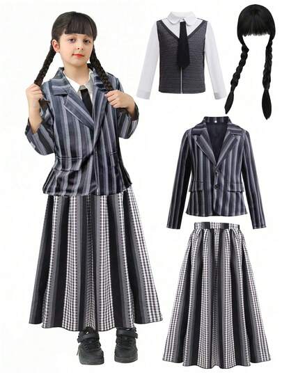万圣节短裙 3 件套，含假发、角色扮演服装套装