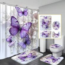 Bộ 4 rèm tắm hình bướm tím mộng mơ, quà tặng trang trí nhà mới tuyệt đẹp cho ngôi nhà hiện đại. Bộ rèm tắm và thảm chùi chân chống thấm nước ba món kèm 12 móc treo rèm tắm. Trang trí phòng tắm - Nhiều màu - Xem 1