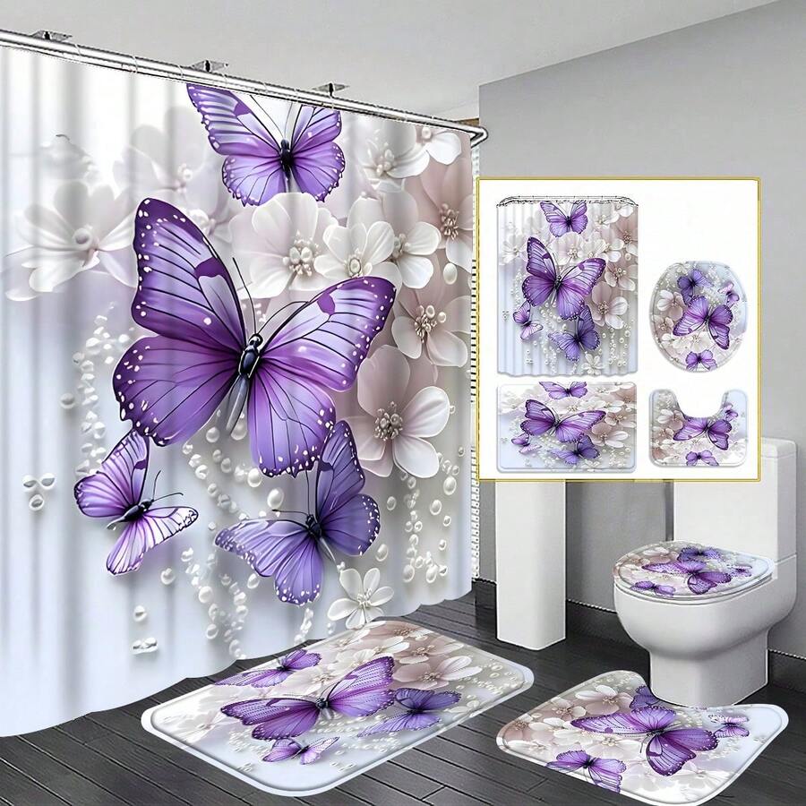 Bộ 4 rèm tắm hình bướm tím mộng mơ, quà tặng trang trí nhà mới tuyệt đẹp cho ngôi nhà hiện đại. Bộ rèm tắm và thảm chùi chân chống thấm nước ba món kèm 12 móc treo rèm tắm. Trang trí phòng tắm - Nhiều màu - Xem 1