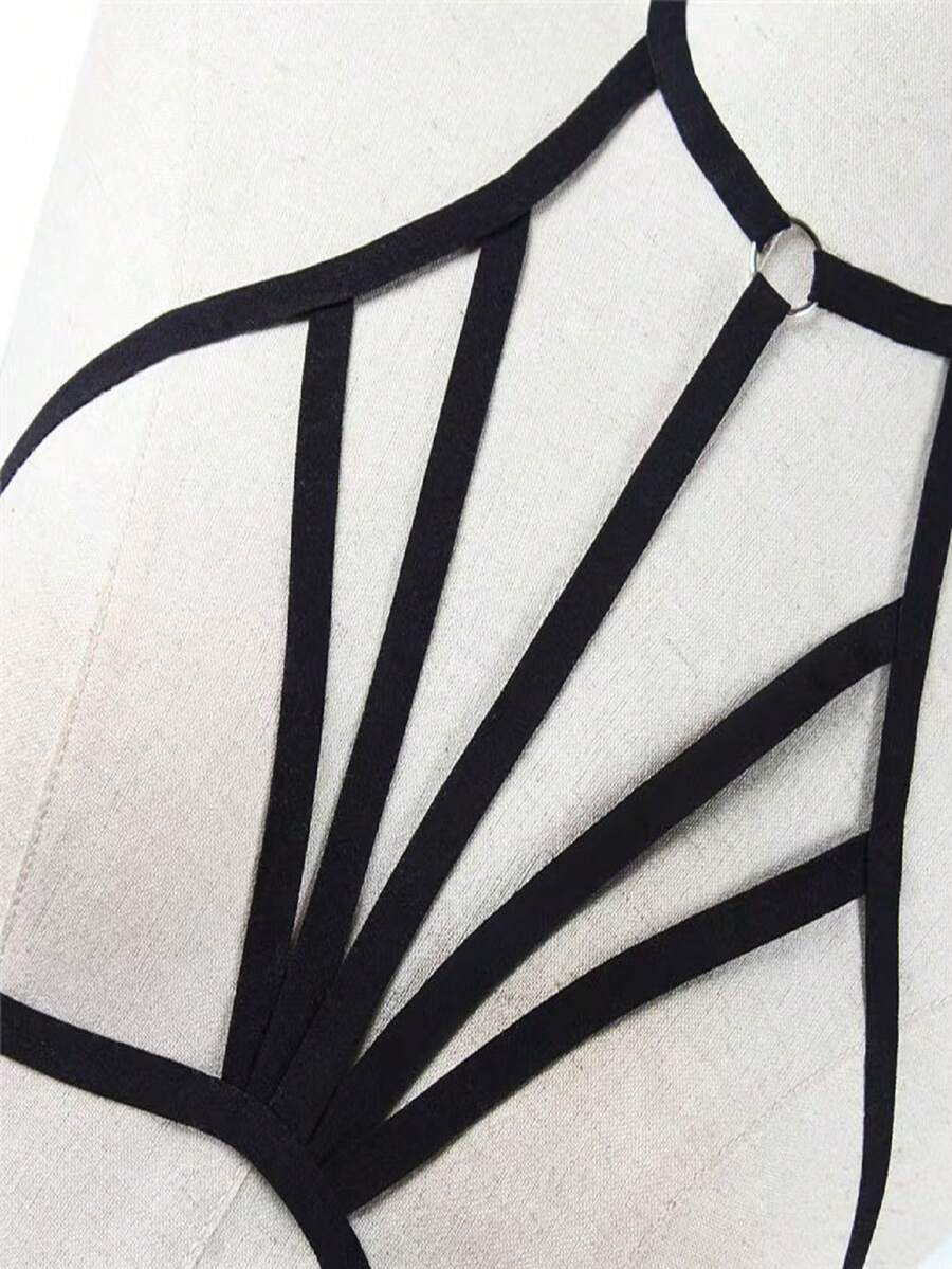 1pc Women's Gothic Style Strappy Bondage Jumpsuit, Hollow Out Halter Neck Sexy Nightclub Party Shapewear Innerwear - Black - View 1